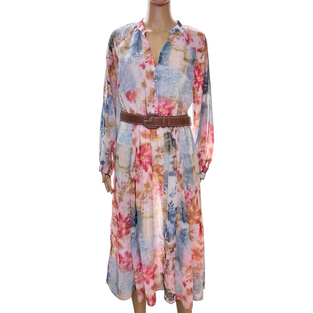 Women French Autumn Bohemian Midi Dress With Belt Size L V-Neck Long Sleeves